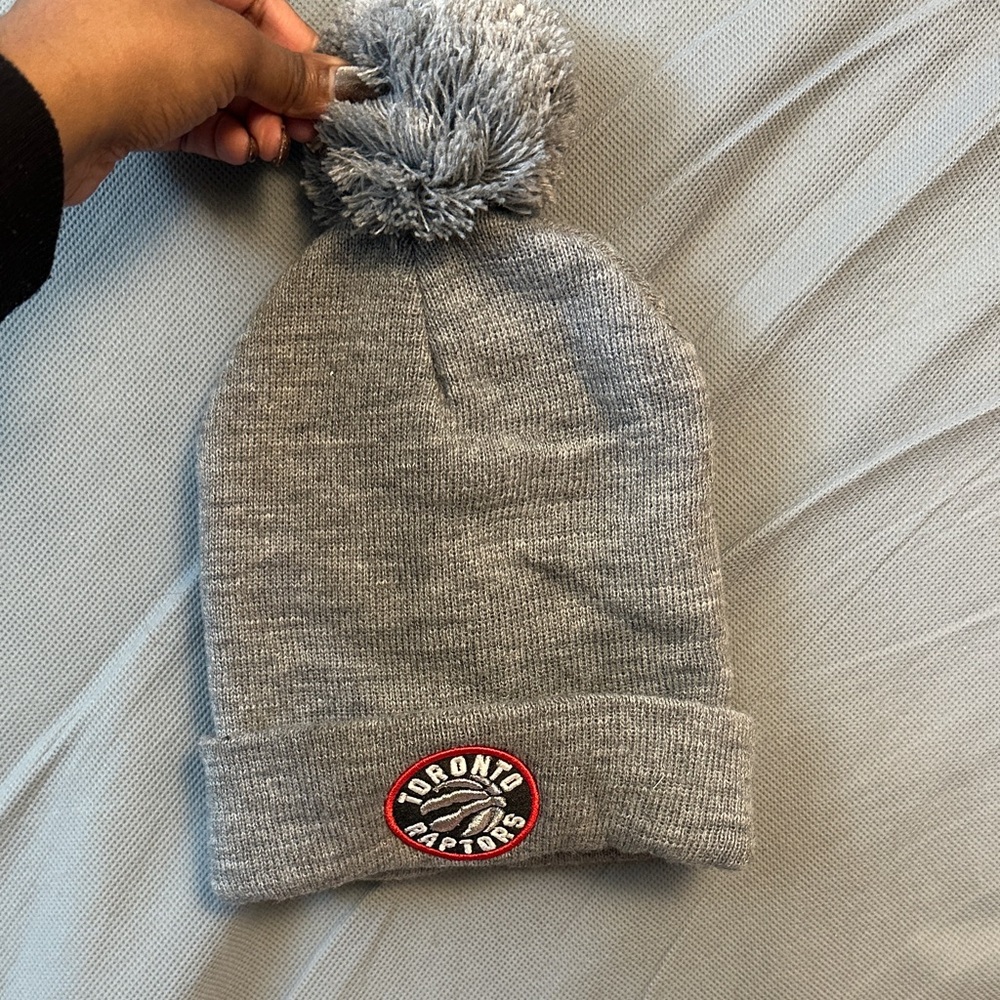 Gray Knit Beanie with Pom-Pom